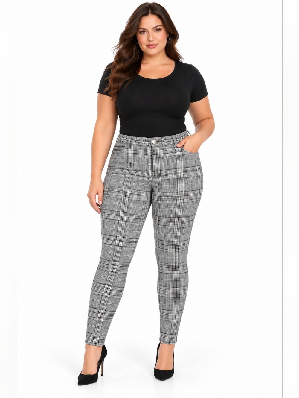 Plaid High-Waist Skinny Ponte Pants - Gray